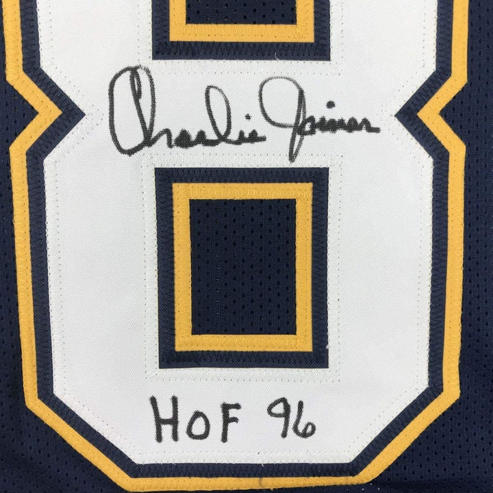 Autographed/Signed Charlie Joiner HOF 96 San Diego Dark Blue Jersey JSA COA