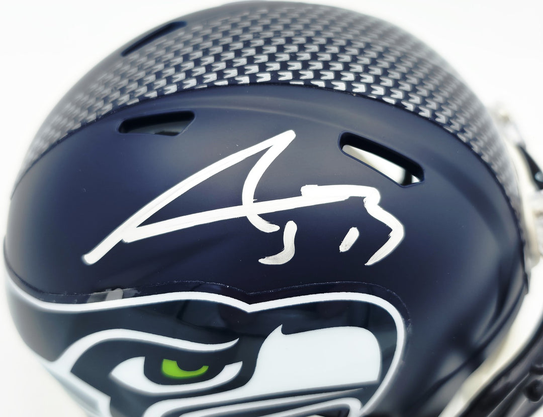 AJ Barner Auto Seahawks Blue SB LX Champions Logo Speed Mini Helmet Beckett Wit
