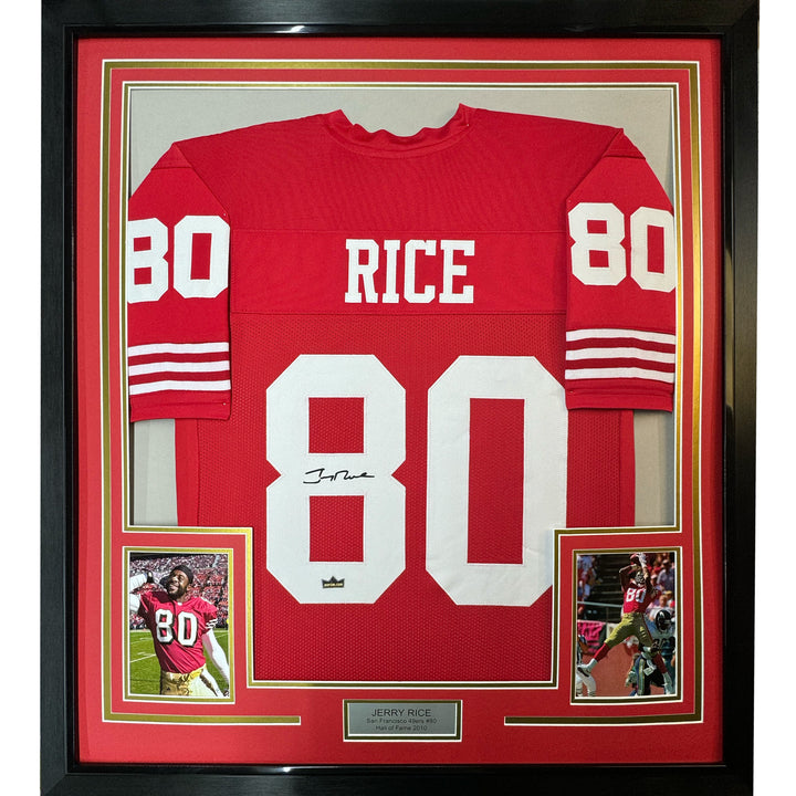 Framed Facsimile Autographed Jerry Rice 33x42 Red Reprint Laser Auto Jersey