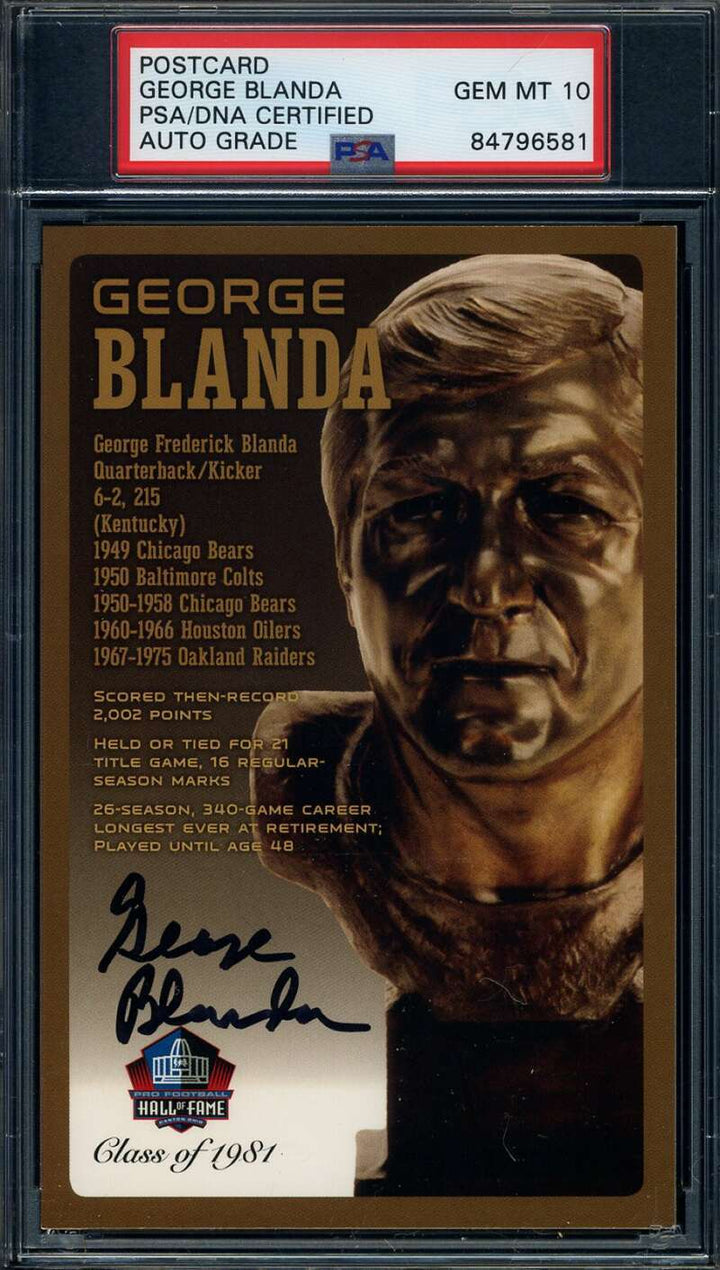 George Blanda Gem Mint 10 PSA DNA Signed HOF Bronze Bust Postcard Autograph