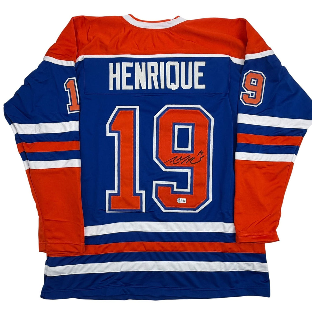 Autographed/Signed Adam Henrique Edmonton Blue Hockey Jersey Beckett COA