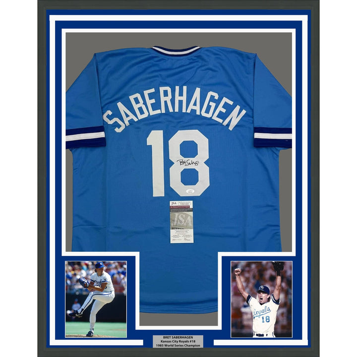 Framed Signed Bret Saberhagen 35x39 KC Light Blue Jersey JSA COA
