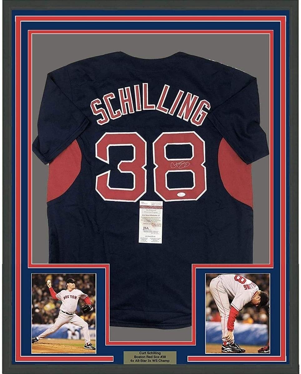 FRAMED Signed CURT SCHILLING 35x39 Boston Blue Jersey JSA COA Auto