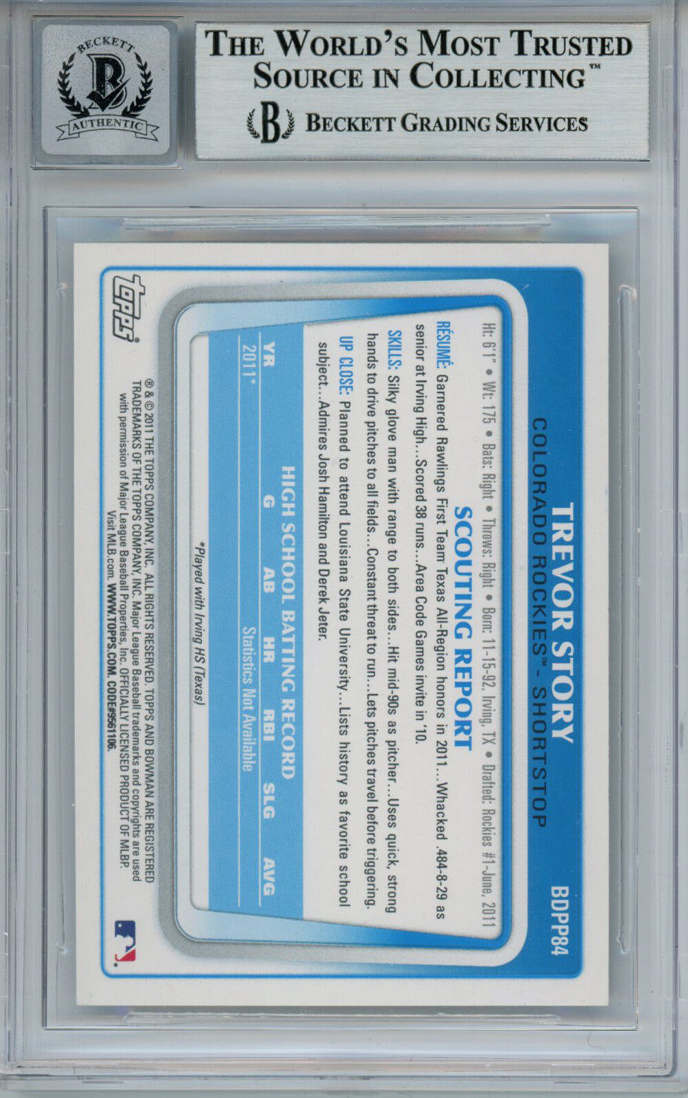 Trevor Story Signed 2011 Bowman #BBPP84 Trading Card Beckett 10 Slab 30794