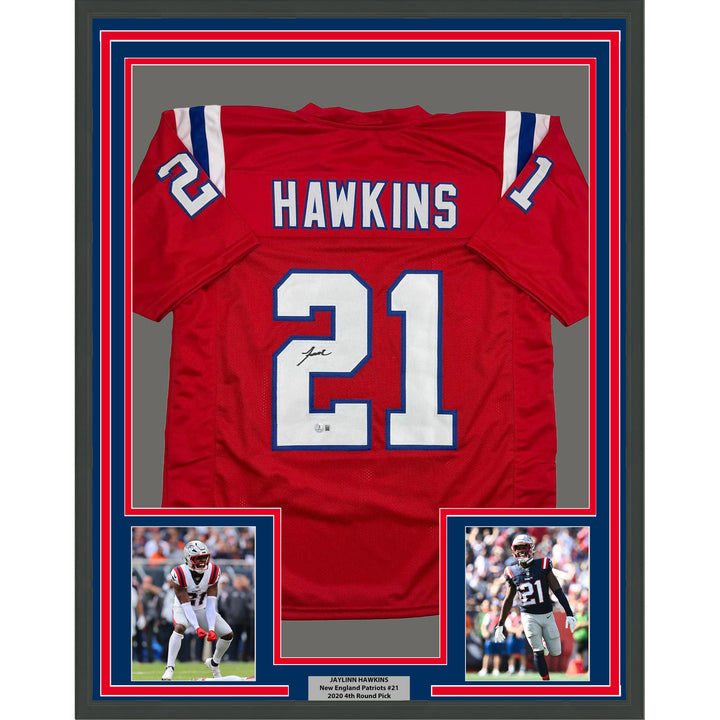 Framed Autographed/Signed Jaylinn Hawkins 35x39 New England Red Jersey BAS COA