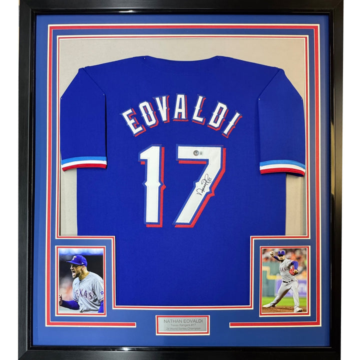 Framed Autographed/Signed Nathan Eovaldi 35x39 Texas Blue Jersey BAS COA