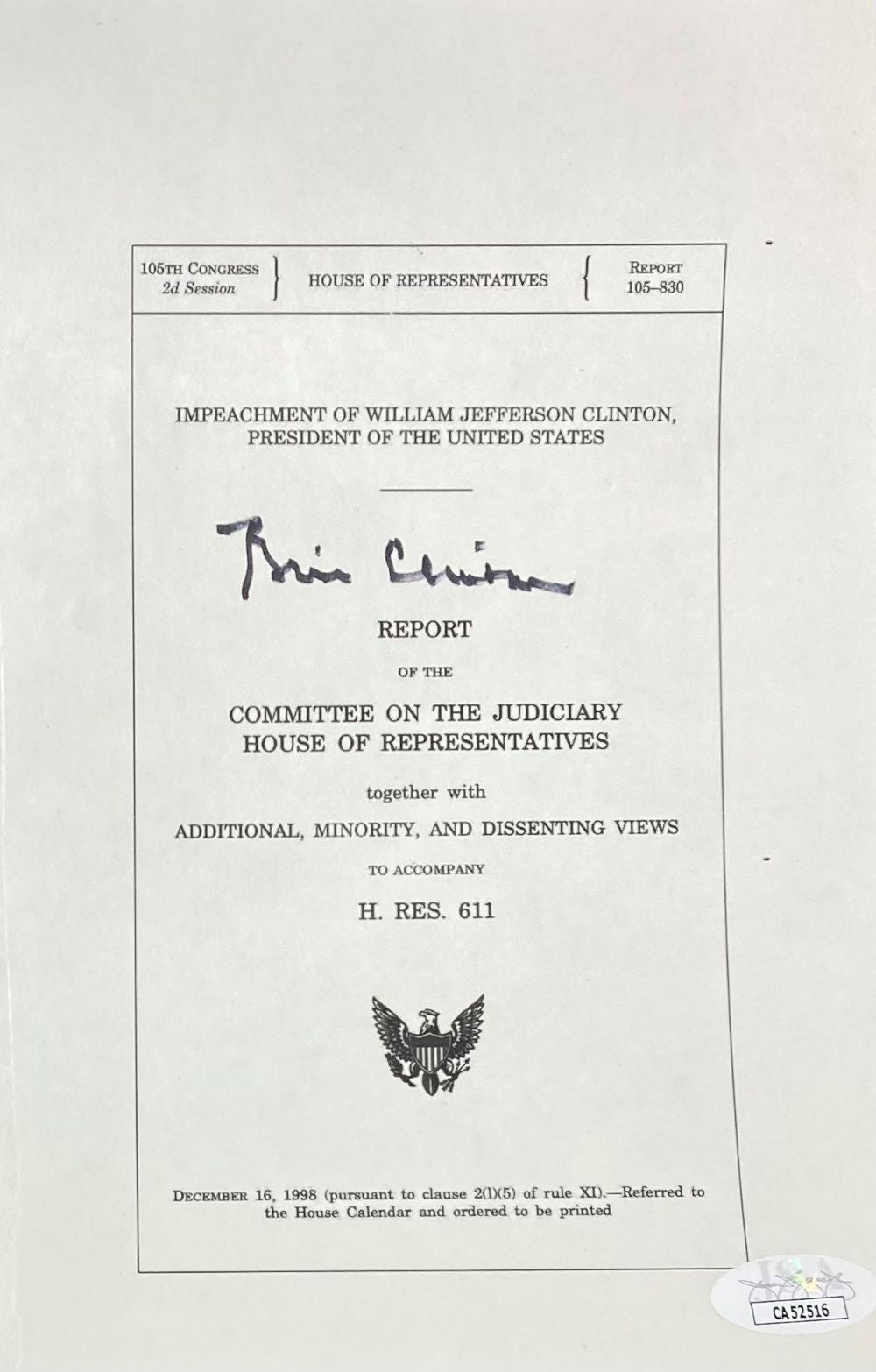 Bill Clinton Signed  Autographed Political 5x8 Impeachment Letter JSA