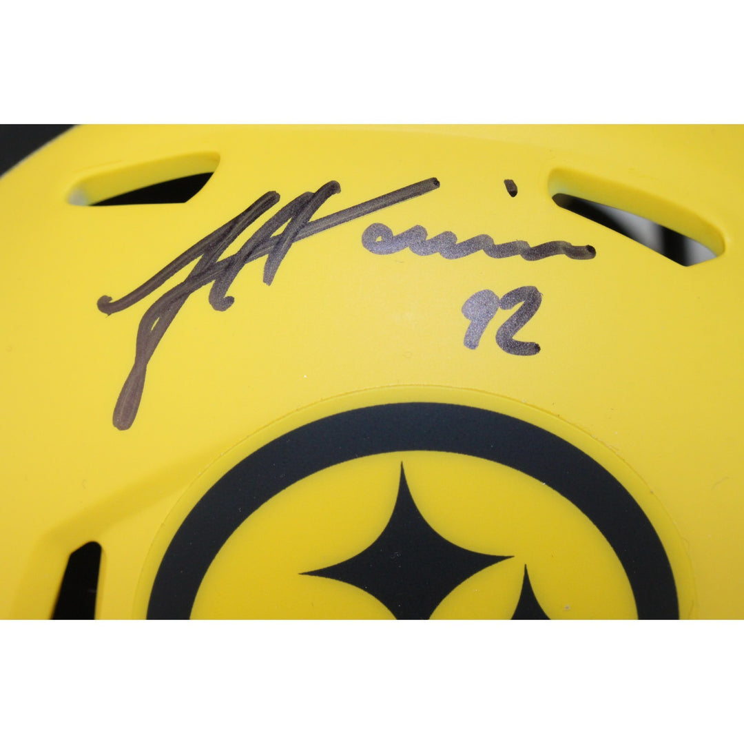 James Harrison Autographed Pittsburgh Steelers Rave Mini Helmet Beckett 53625
