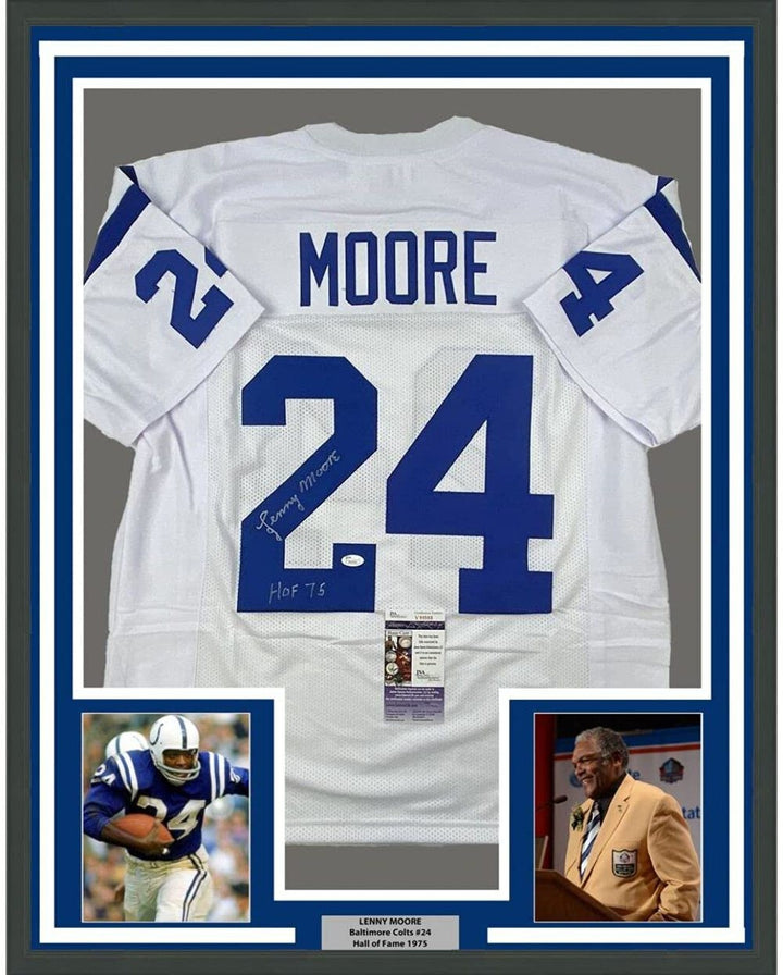FRAMED Autographed/Signed LENNY MOORE 33x42 White Football Jersey JSA COA