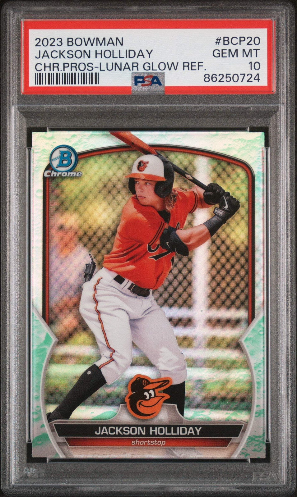 Graded 2023 BWM Jackson Holliday #BCP20 Lunar Glow REF RC Baseball Card PSA 10