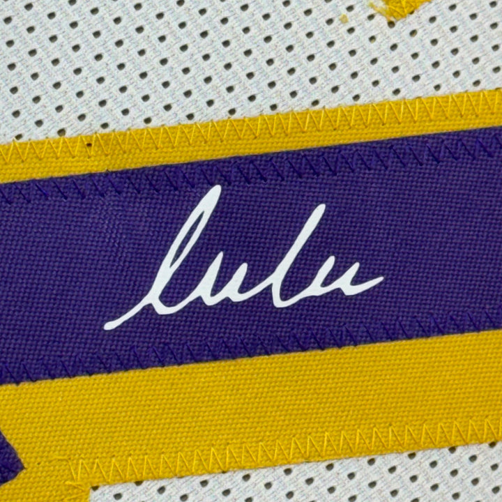 Framed Facsimile Autographed Luka Doncic 35x39 White Reprint Laser Auto Jersey