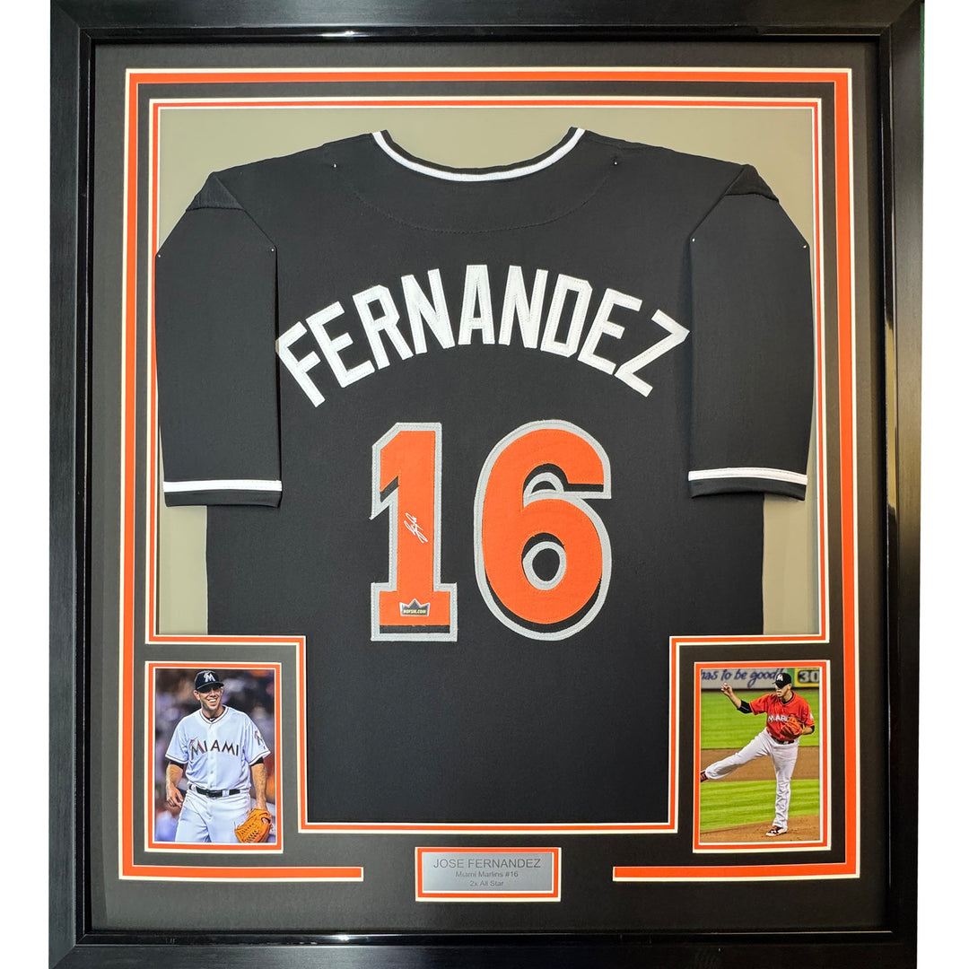 Framed Facsimile Autographed Jose Fernandez 35x39 Miami Black Reprint Jersey