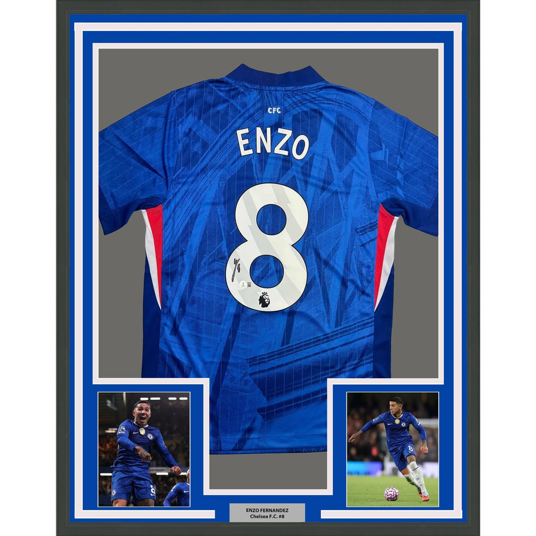 Framed Autographed/Signed Enzo Fernandez 35x39 Chelsea FC Jersey BAS COA