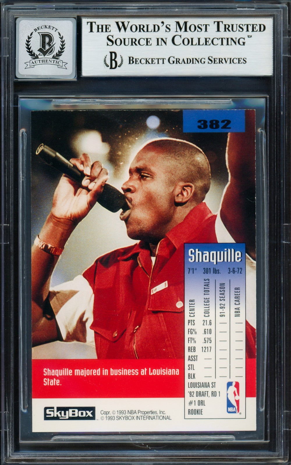 Shaquille O'Neal Signed 1992-93 Skybox RC 382 Orlando Magic Auto GM 10 Beckett
