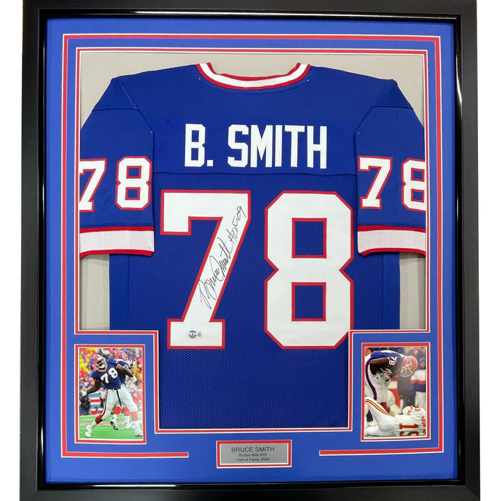 Framed Autographed/Signed Bruce Smith 33x42 HOF 09 Buffalo Blue Jersey COA