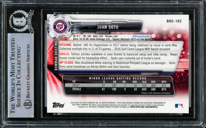 Juan Soto Signed 2017 Bowman Chrome Draft RC BDC162 New York Mets Beckett