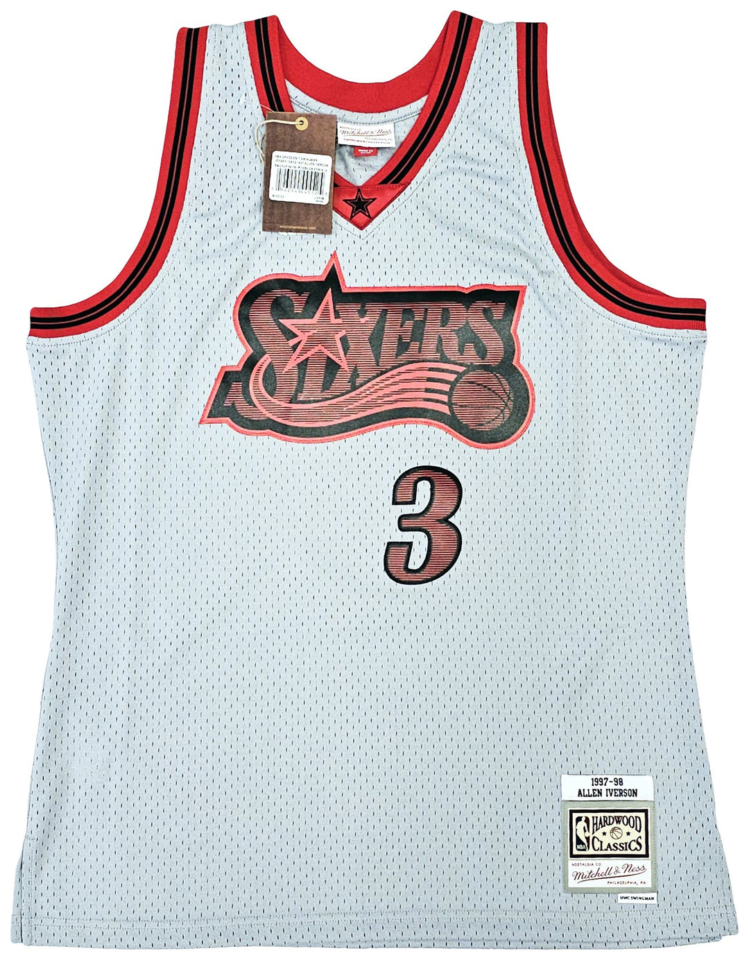 76ers Allen Iverson Auto Grey Auth Mitchell Ness 97-98 HWC Swingman Jersey L BAS