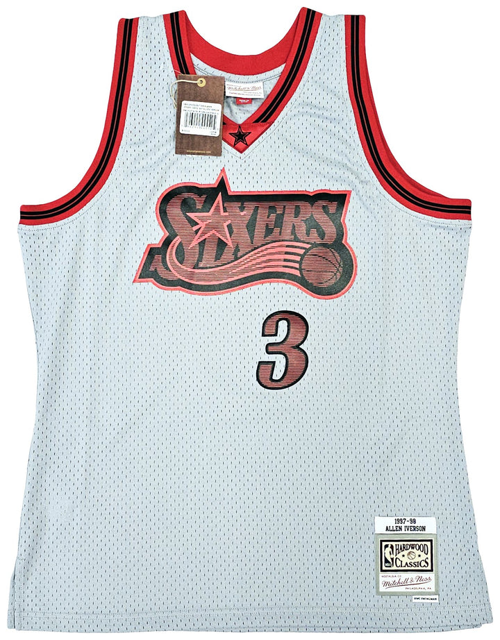 76ers Allen Iverson Auto Grey Auth Mitchell Ness 97-98 HWC Swingman Jersey L BAS