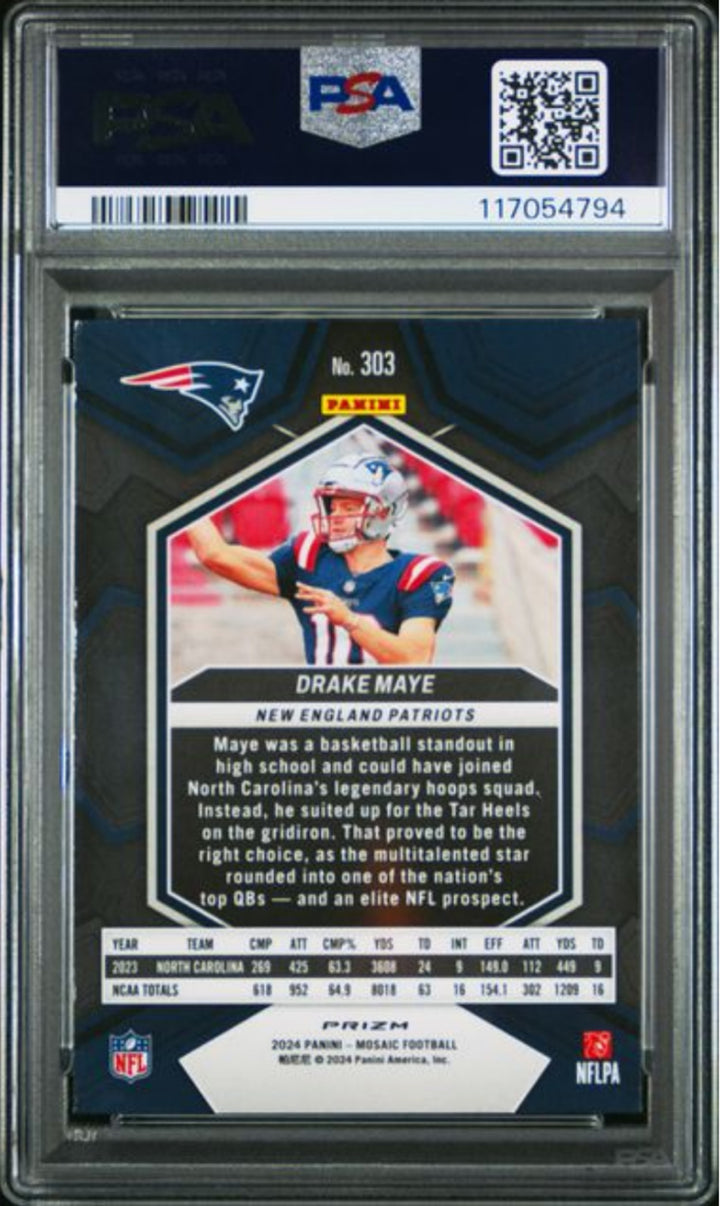 Graded 2024 Panini Mosaic Drake Maye #303 Camo Pink Rookie Football Card PSA 10