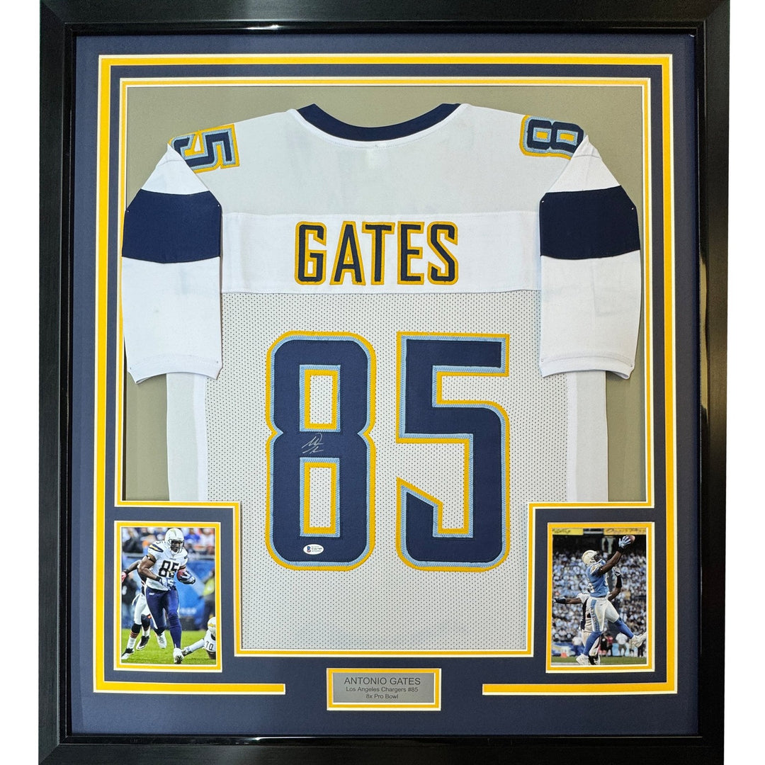 Framed Signed Antonio Gates 35x39 Los Angeles LA White Jersey BAS COA