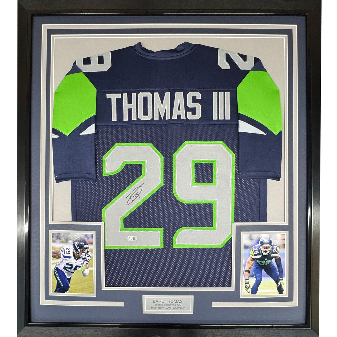 Framed Autographed/Signed Earl Thomas III 35x39 Seattle Blue Jersey Beckett COA