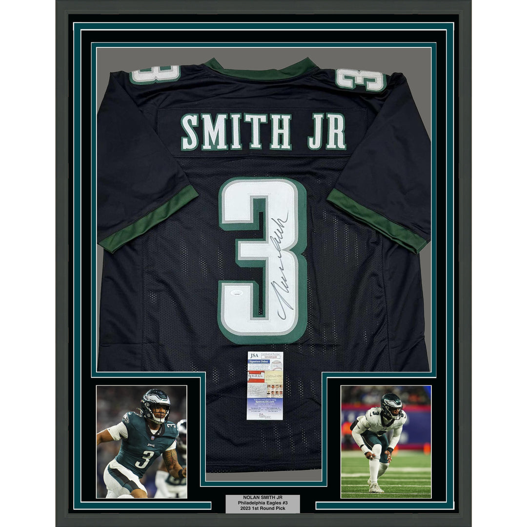 Framed Autographed/Signed Nolan Smith Jr 35x39 Philadelphia Black Jersey JSA COA