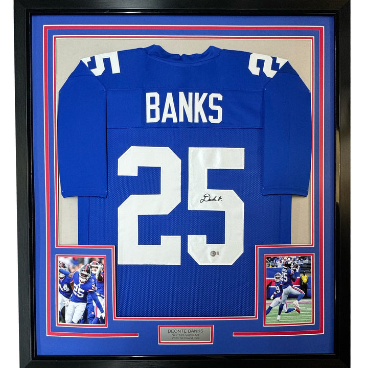 Framed Autographed/Signed Deonte Banks 33x42 New York Blue Jersey BAS COA