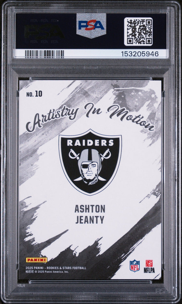Graded 2025 Panini R&S Ashton Jeanty #10 Artistry in Motion RC Card PSA 10