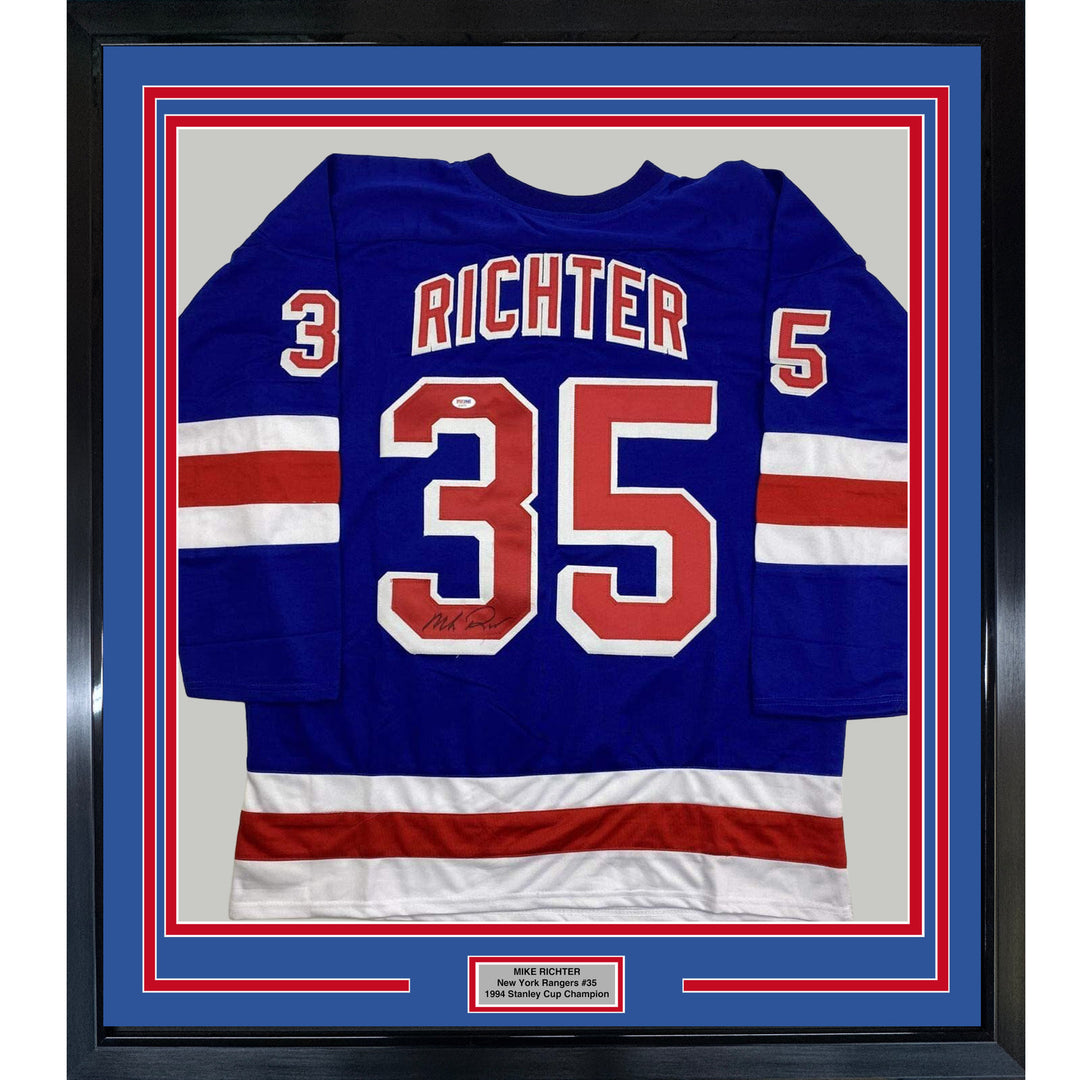 FRAMED Autographed/Signed MIKE RICHTER 33x42 New York Blue Jersey PSA/DNA COA