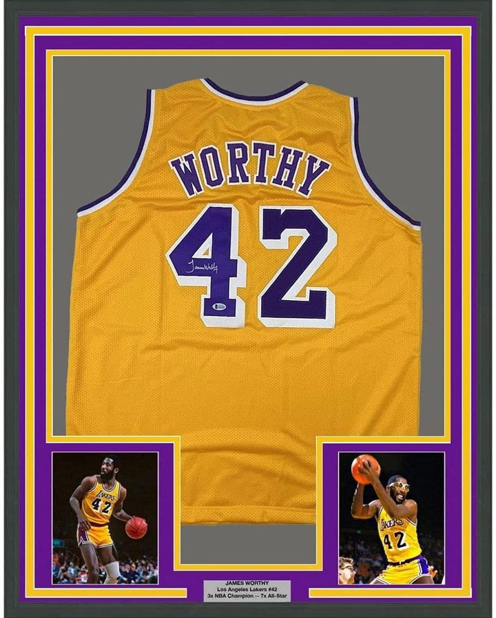 Framed Signed James Worthy 35x39 Los Angeles LA Yellow Jersey BAS COA