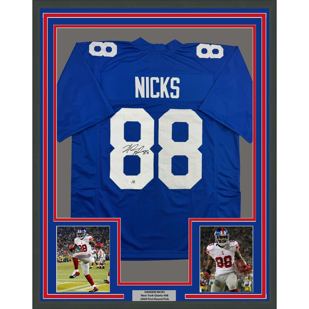 Framed Autographed/Signed Hakeem Nicks 35x39 New York Blue Jersey BAS COA