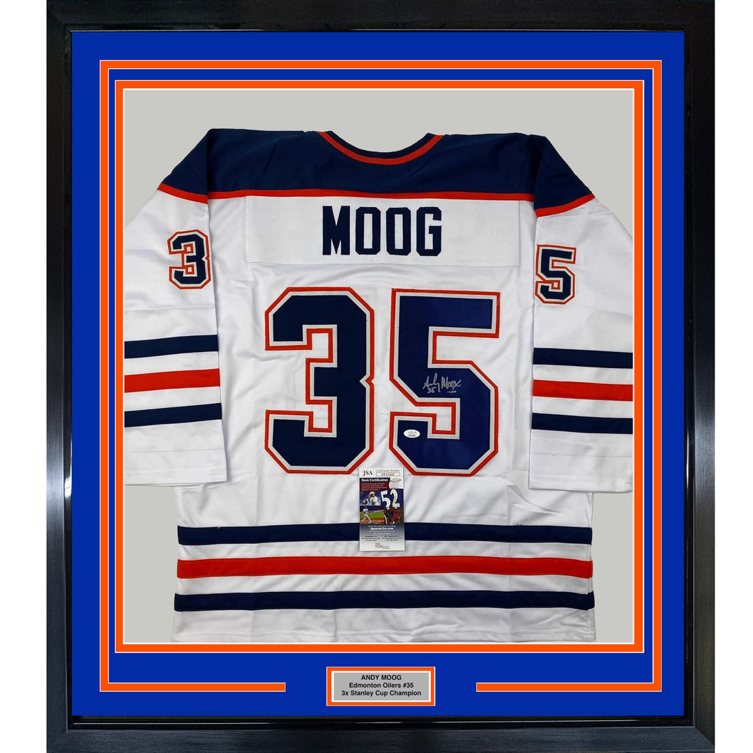 Framed Autographed/Signed Andy Moog 35x39 Edmonton White Hockey Jersey JSA COA