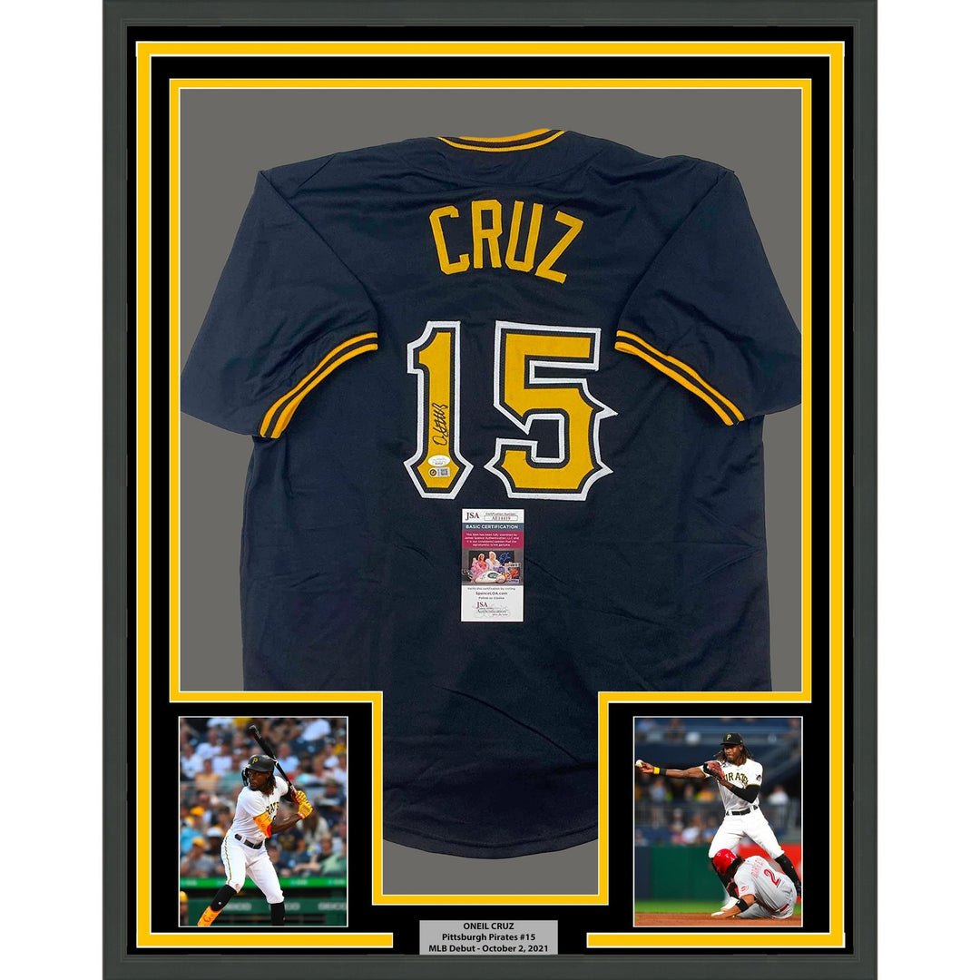 Framed Autographed/Signed Oneil Cruz 35x39 Pittsburgh Black Jersey JSA COA