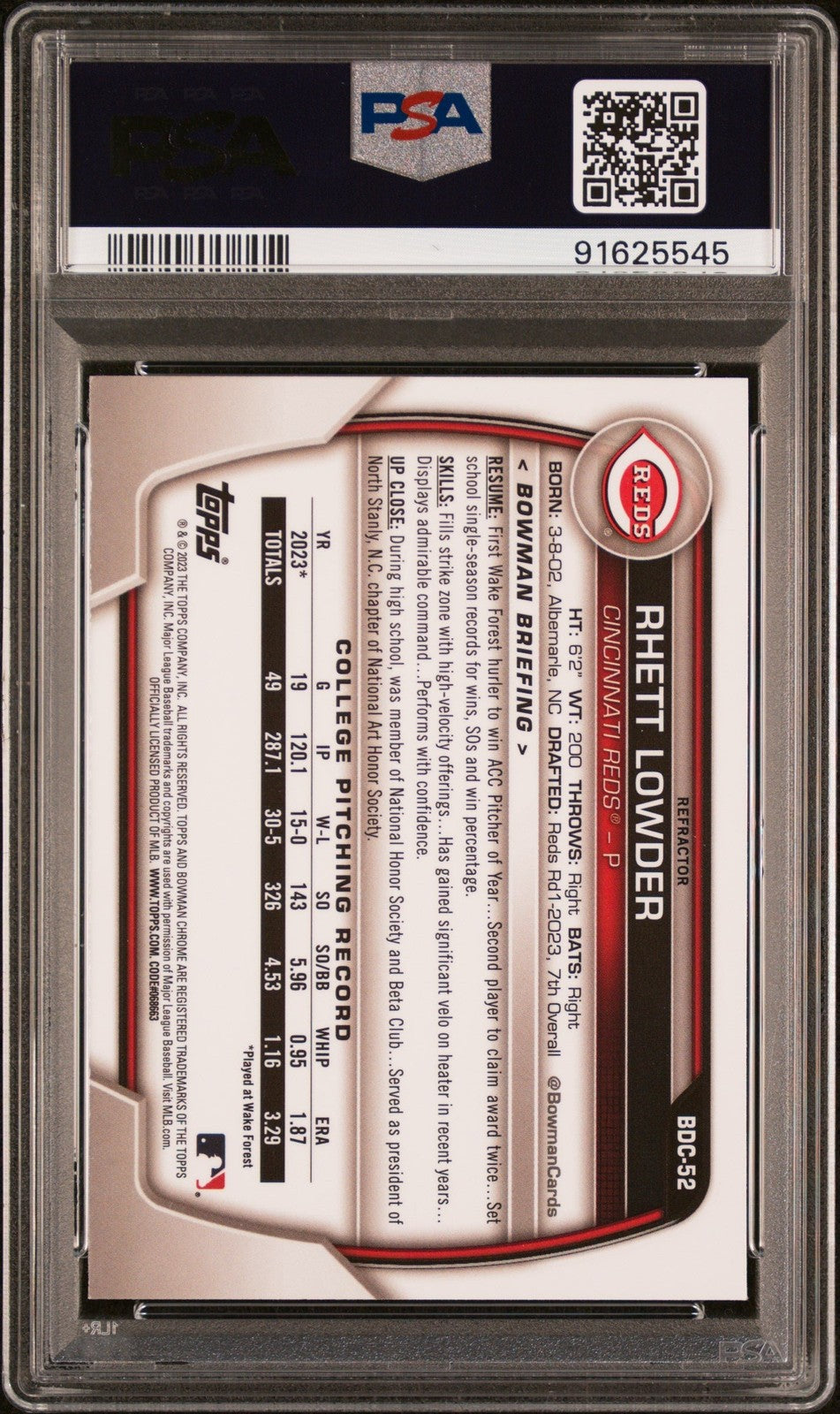 Graded 2023 Bowman Draft Rhett Lowder #BDC52 Refractor RC Card PSA 10