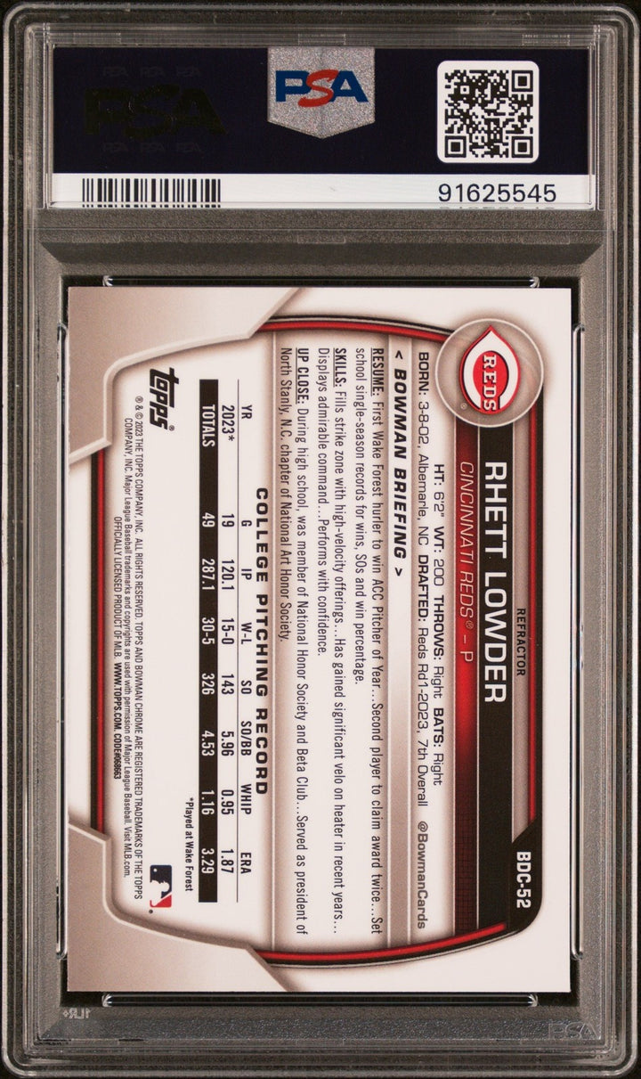 Graded 2023 Bowman Draft Rhett Lowder #BDC52 Refractor RC Card PSA 10