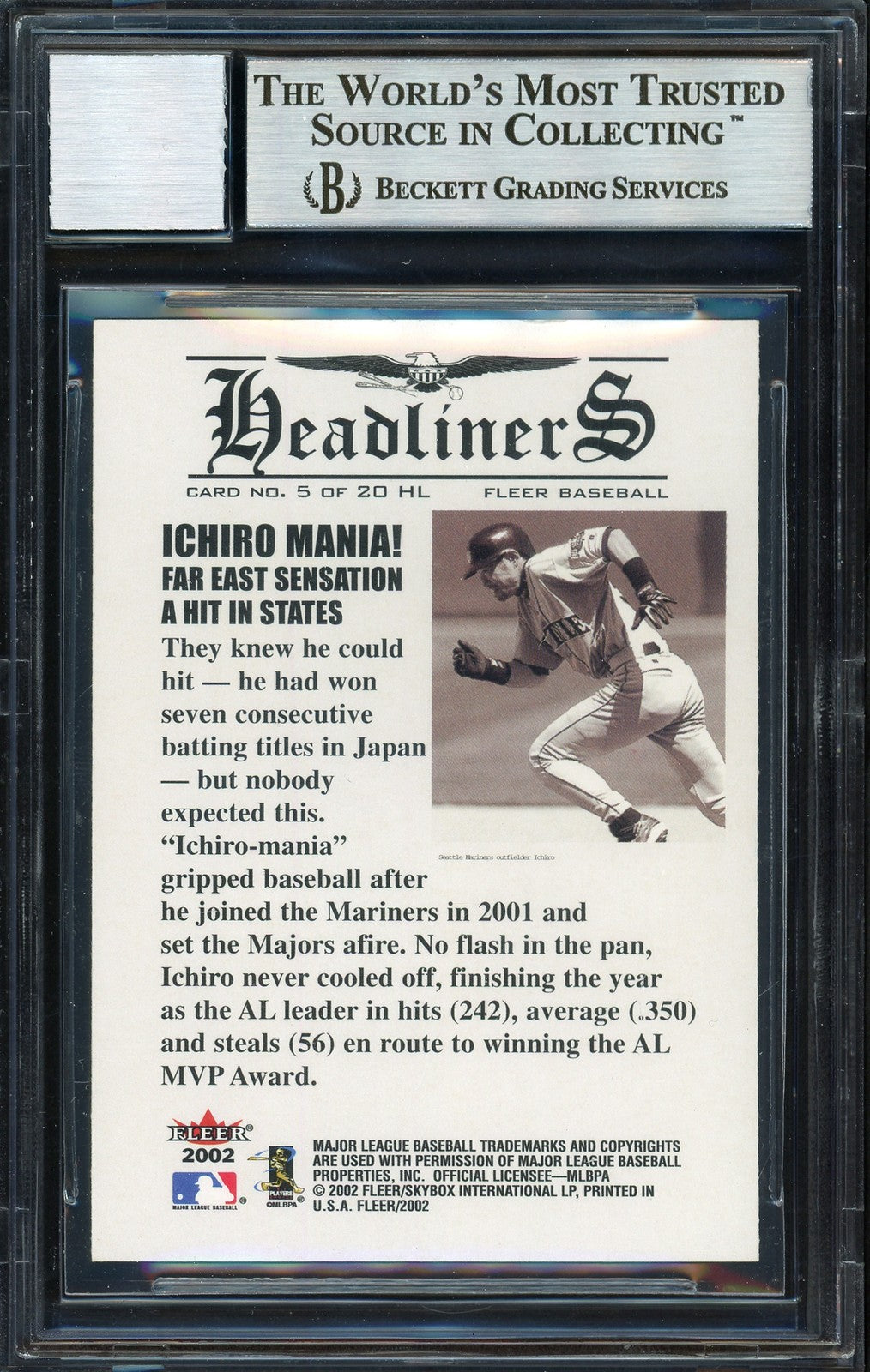 Ichiro Suzuki Signed 2002 Fleer Headliners Card 5 Mariners Auto 10 Beckett