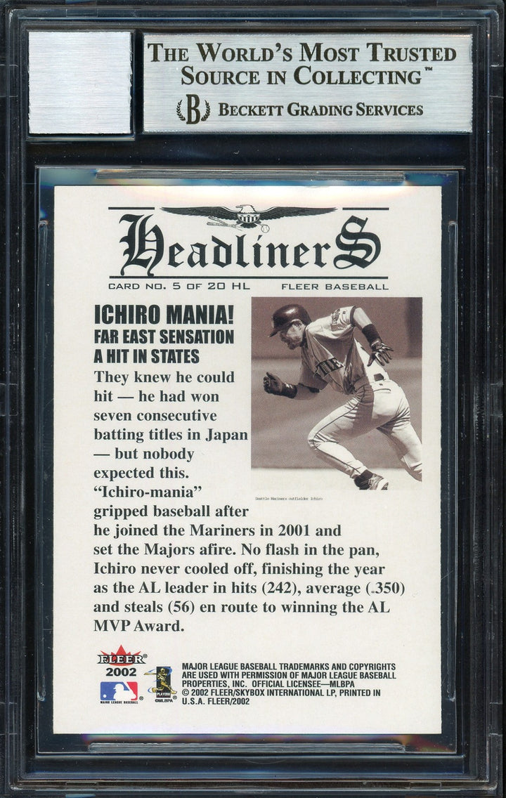 Ichiro Suzuki Signed 2002 Fleer Headliners Card 5 Mariners Auto 10 Beckett
