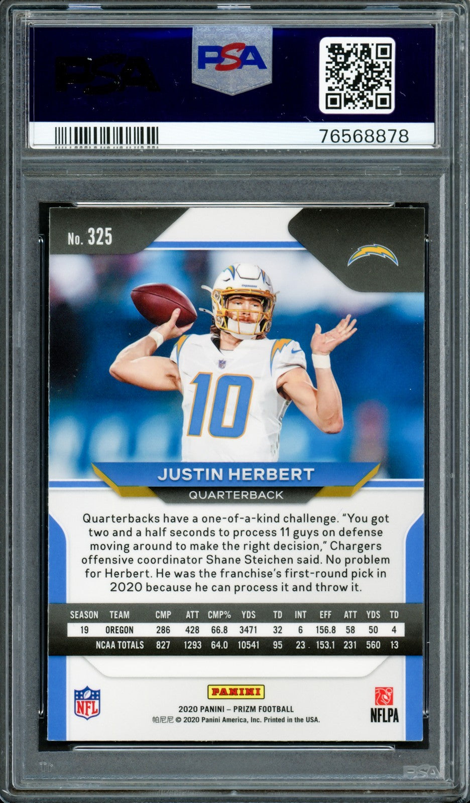 Justin Herbert Signed 2020 Panini Prizm RC #325 Chargers PSA9 Auto 10 PSA/DNA