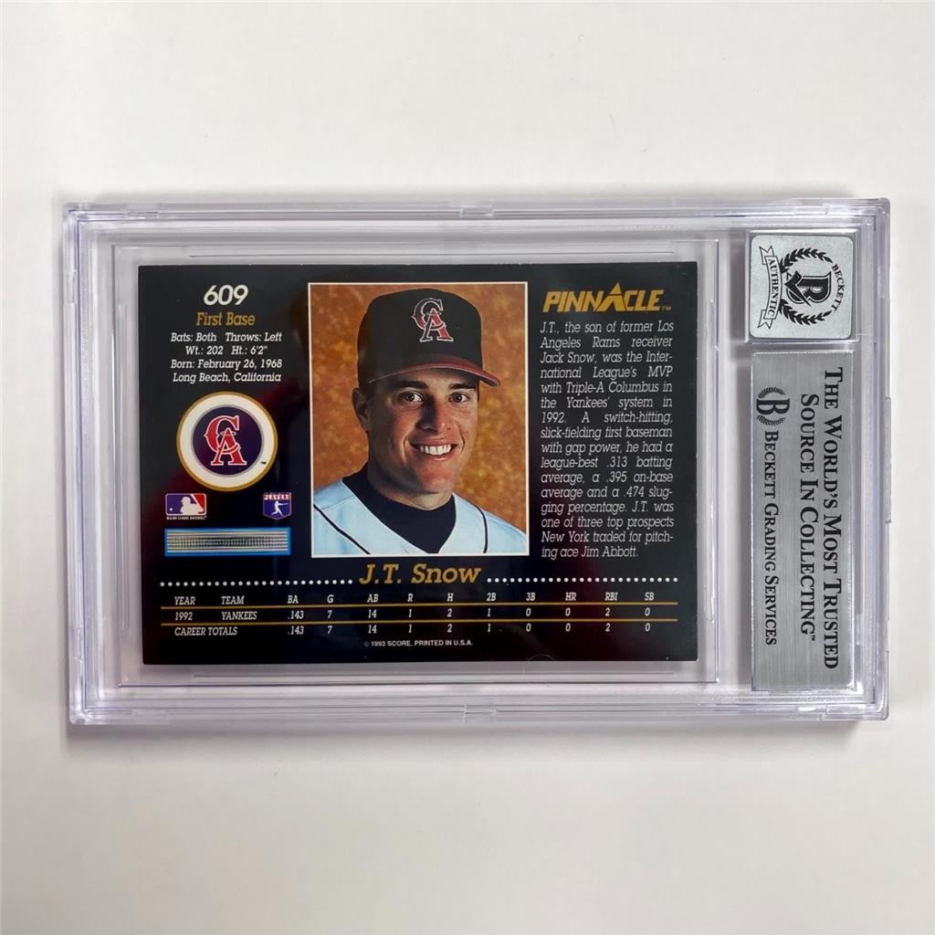 J.T. Snow signed 1993 Pinnacle #609 Rookie Card RC ~ Beckett BAS 10 Auto