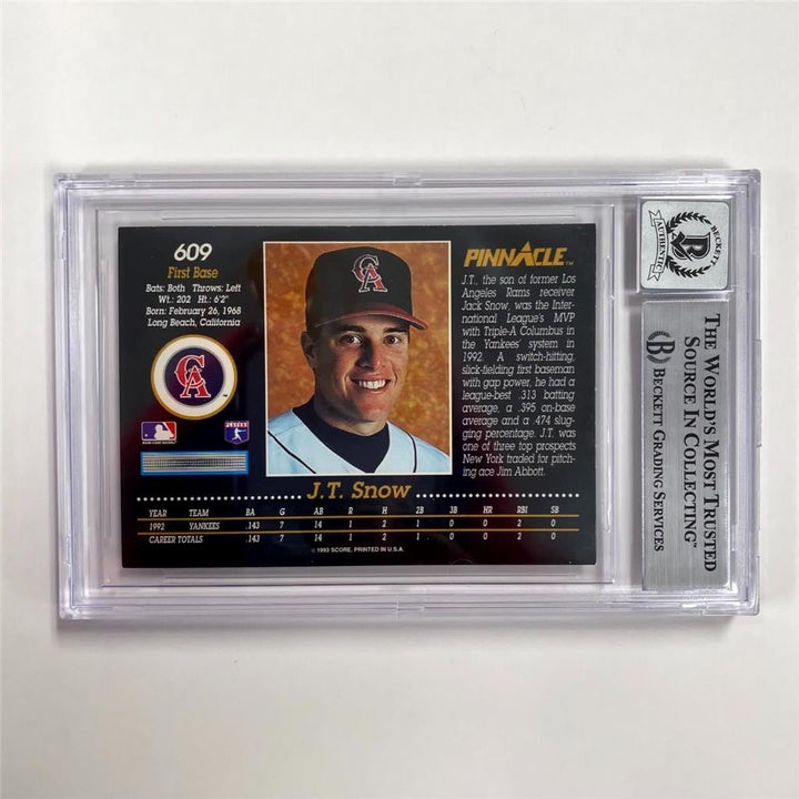 J.T. Snow signed 1993 Pinnacle #609 Rookie Card RC ~ Beckett BAS 10 Auto