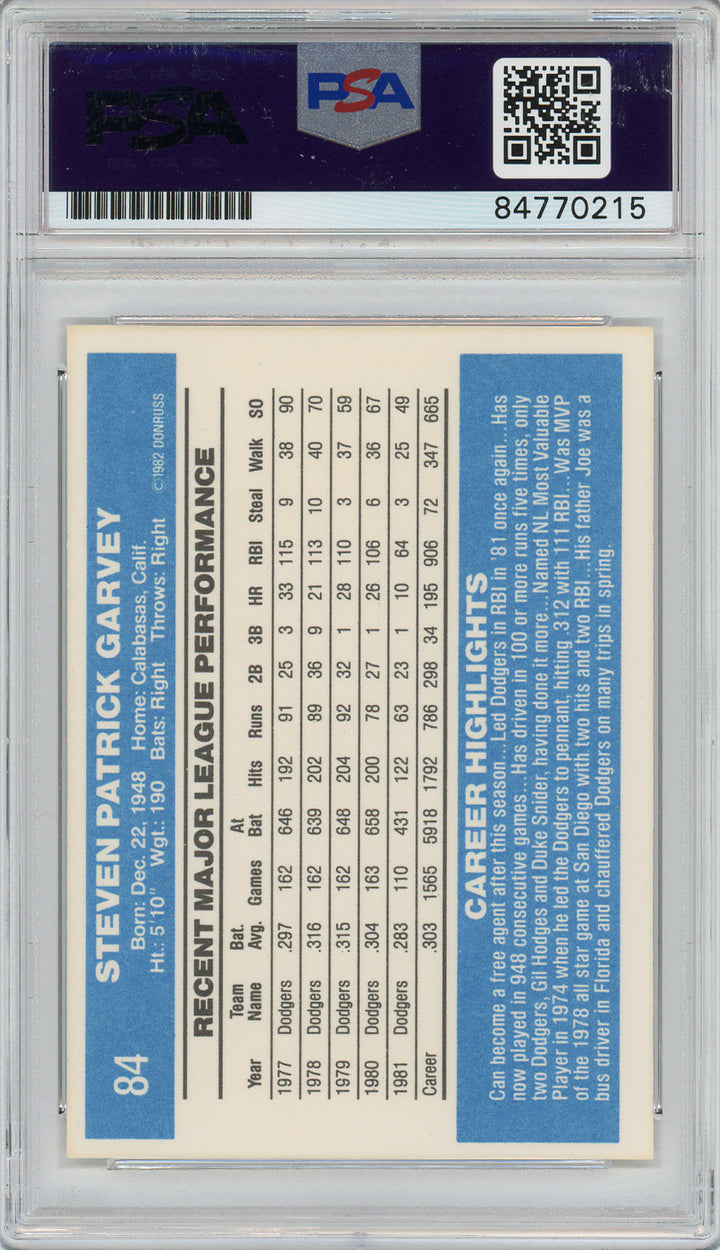 1982 Donruss Steve Garvey Signed COA PSA 8 Los Angeles Dodgers Slabbed Autograph