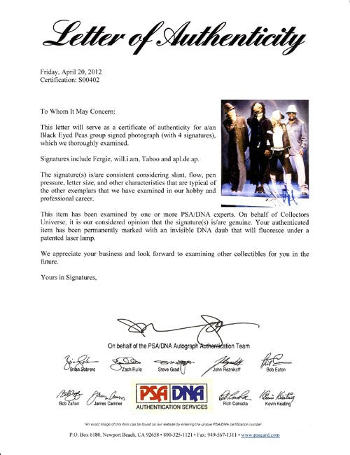 Black Eyed Peas Auto 8x10 Photo Fergie, will.i.am, Taboo & apl.de.ap PSA/DNA
