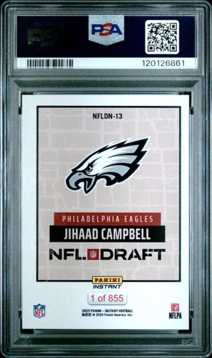 Graded 2025 Panini Instant Jihaad Campbell #NFLDN13 Draft Night RC Card PSA 10