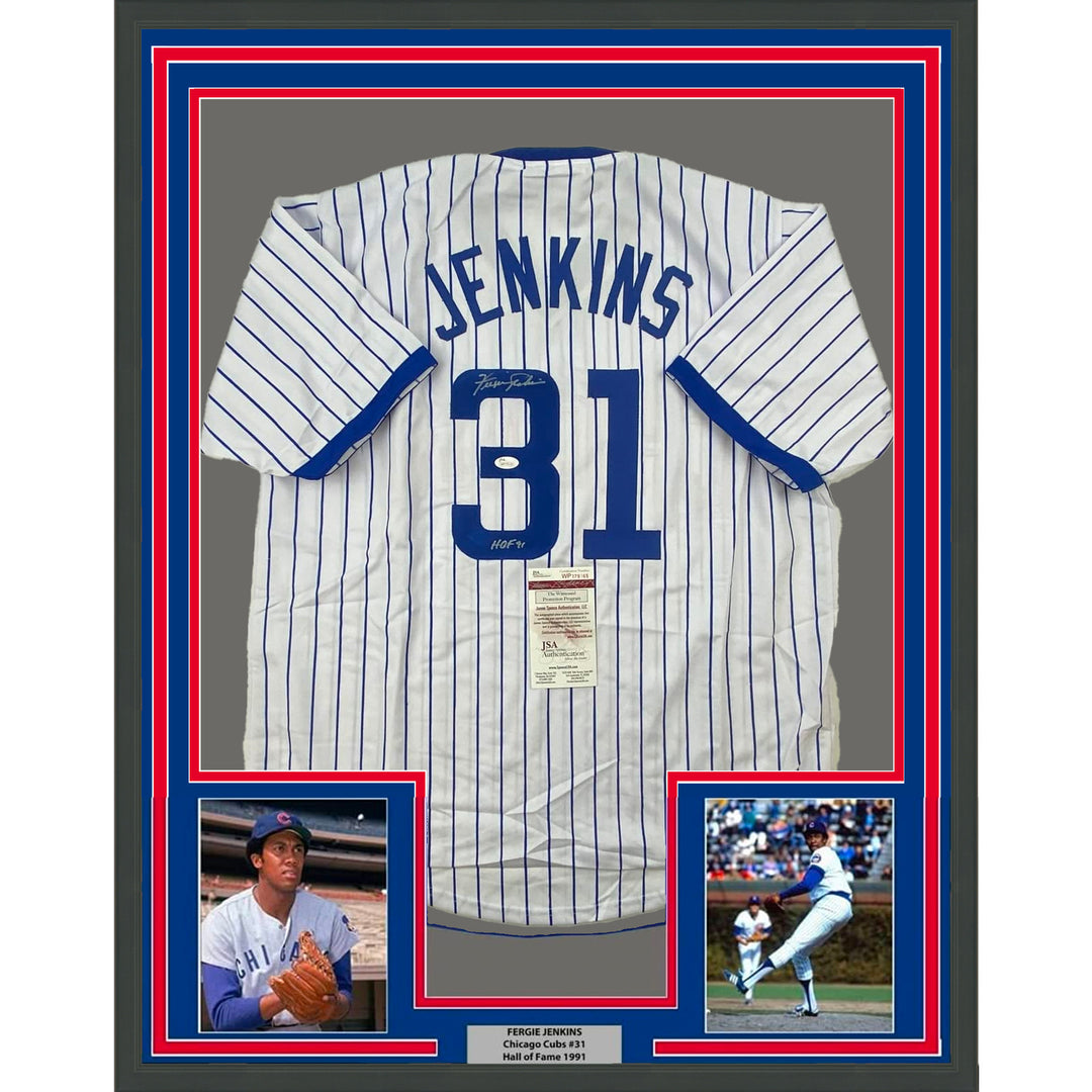 Framed Autographed/Signed Ferguson Jenkins 33x42 HOF Pinstripe Jersey JSA COA