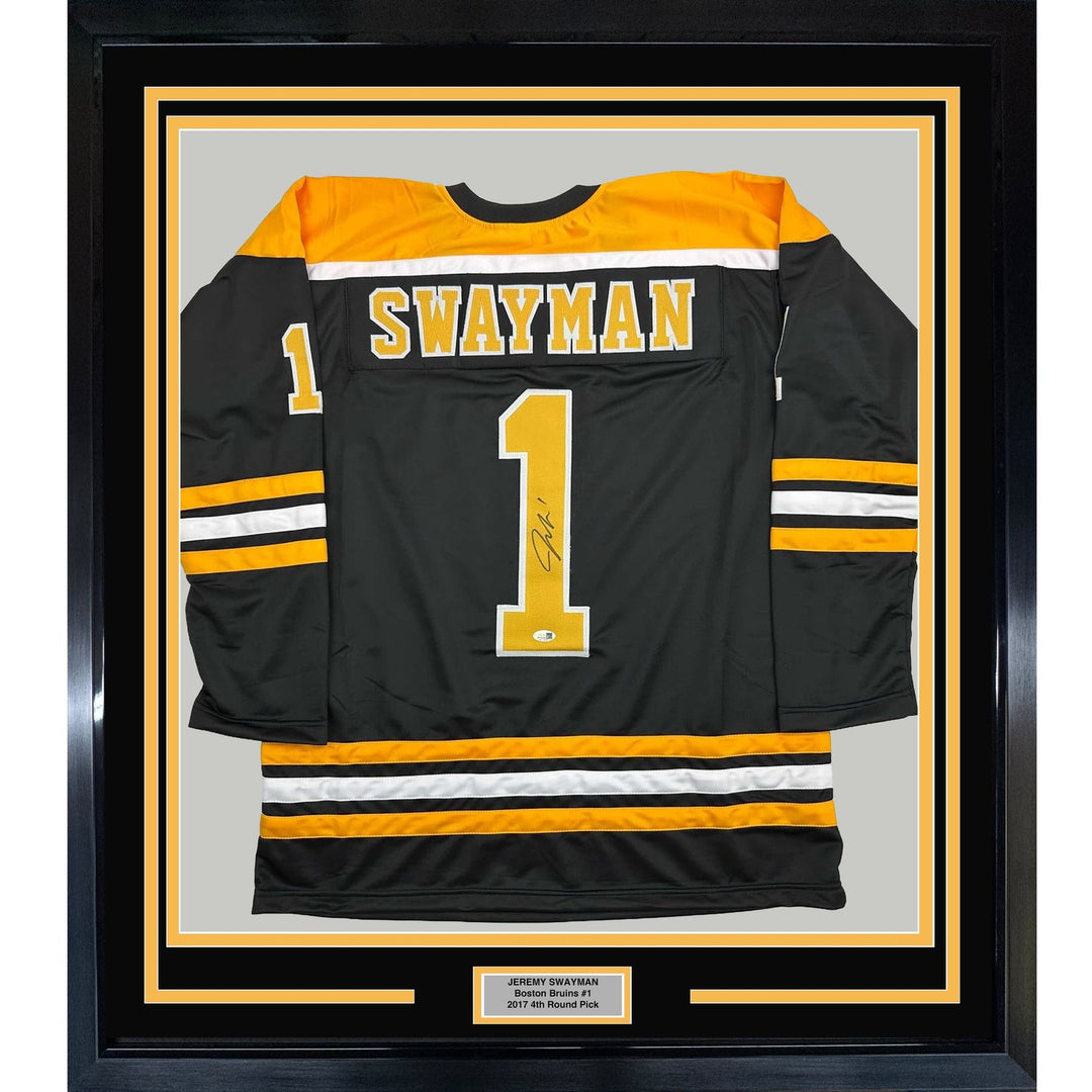 Framed Autographed/Signed Jeremy Swayman 35x39 Boston Black Jersey JSA COA