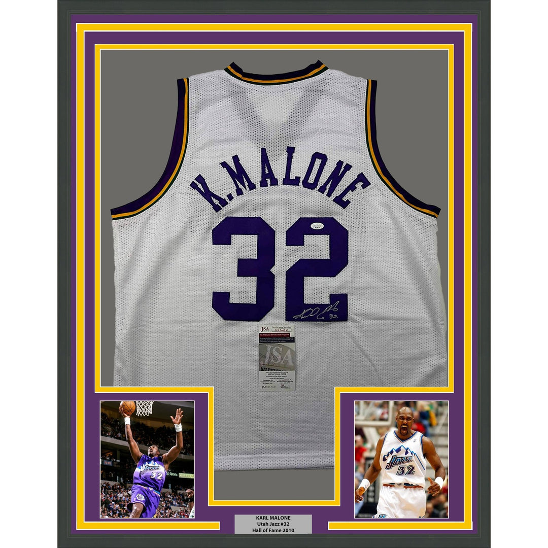Framed Autographed/Signed Karl Malone 35x39 Utah White Retro Jersey J