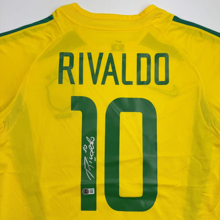 Autographed/Signed Rivaldo Brazil Yellow Soccer Jersey Beckett BAS COA