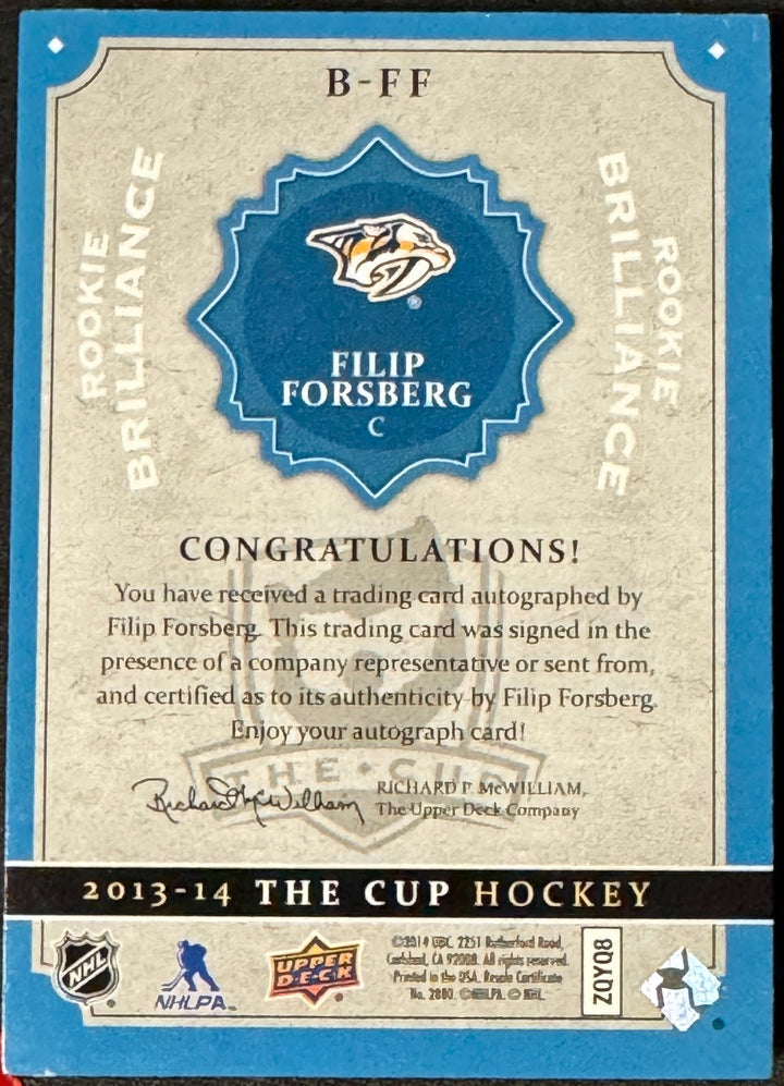 Filip Forsberg signed 2013-14 Upper Deck The Cup Rookie Brilliance Card #B-FF