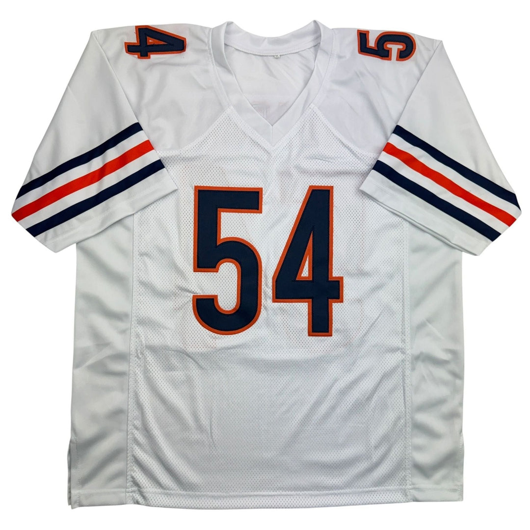 Autographed/Signed Brian Urlacher HOF 18 Chicago White Football Jersey BAS COA