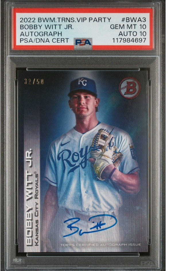2022 BOWMAN TRANSCENDENT VIP PARTY BOBBY WITT JR Rc PSA 10 &10 Gem Mint Auto /50